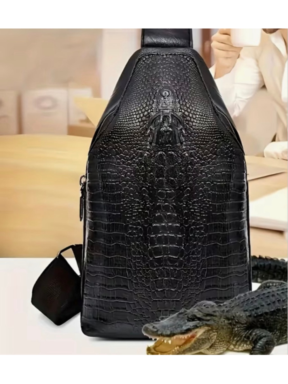 Unisex Black Crocodile Embossed Crossbody Bag - Picture 2 of 9